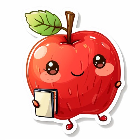 Cute Kawaii Stickers Cheerful Red Apple with Book on White Background (58)