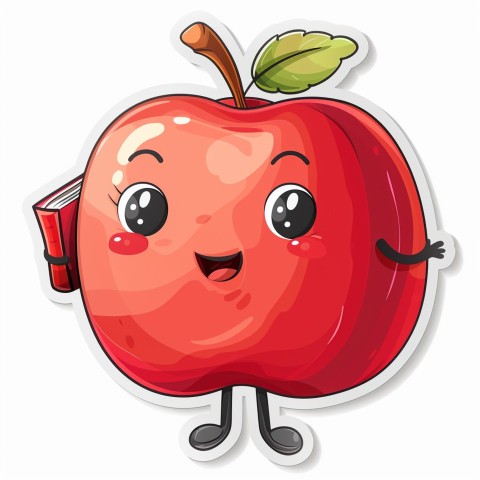 Cute Kawaii Stickers Cheerful Red Apple with Book on White Background (44)