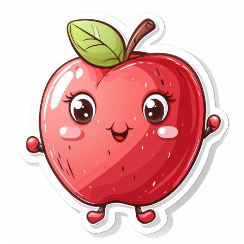 Cute Kawaii Stickers Cheerful Red Apple with Book on White Background (52)