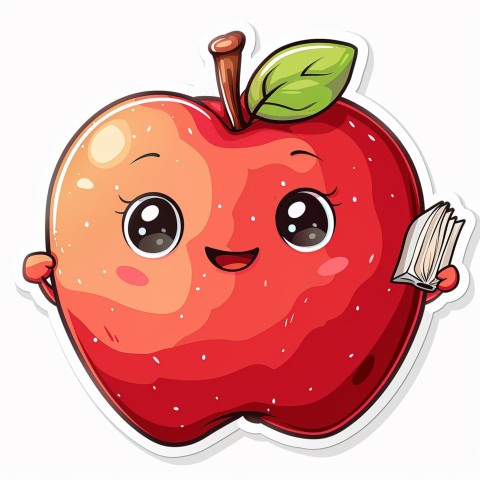 Cute Kawaii Stickers Cheerful Red Apple with Book on White Background (60)