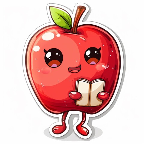 Cute Kawaii Stickers Cheerful Red Apple with Book on White Background (57)