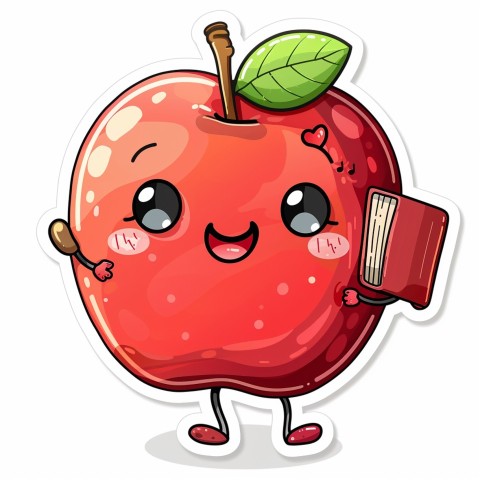 Cute Kawaii Stickers Cheerful Red Apple with Book on White Background (42)