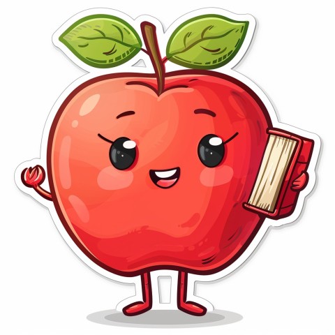 Cute Kawaii Stickers Cheerful Red Apple with Book on White Background (59)