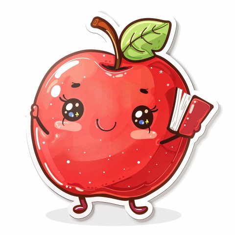 Cute Kawaii Stickers Cheerful Red Apple with Book on White Background (50)