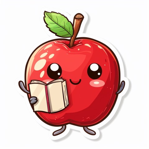 Cute Kawaii Stickers Cheerful Red Apple with Book on White Background (68)