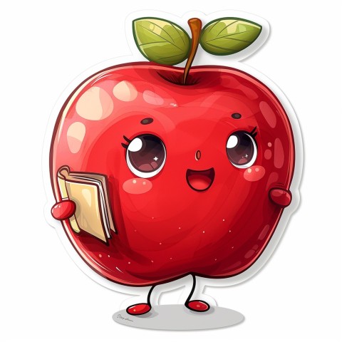 Cute Kawaii Stickers Cheerful Red Apple with Book on White Background (71)