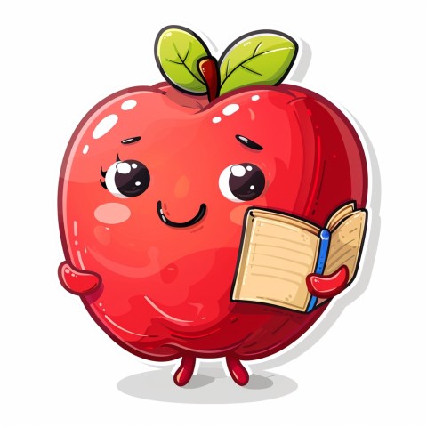 Cute Kawaii Stickers Cheerful Red Apple with Book on White Background (78)