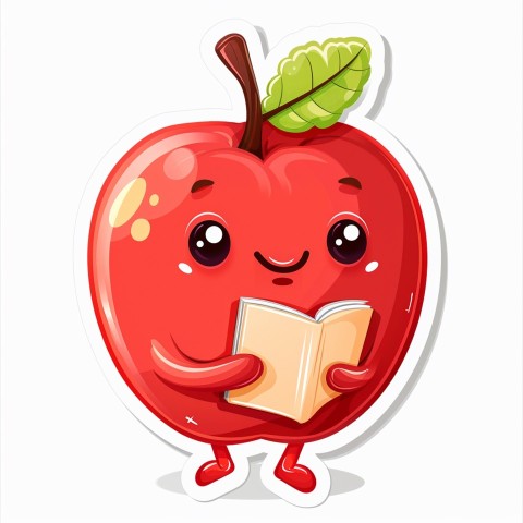 Cute Kawaii Stickers Cheerful Red Apple with Book on White Background (62)