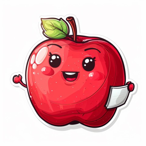 Cute Kawaii Stickers Cheerful Red Apple with Book on White Background (74)