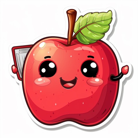 Cute Kawaii Stickers Cheerful Red Apple with Book on White Background (66)