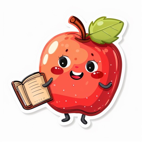 Cute Kawaii Stickers Cheerful Red Apple with Book on White Background (63)