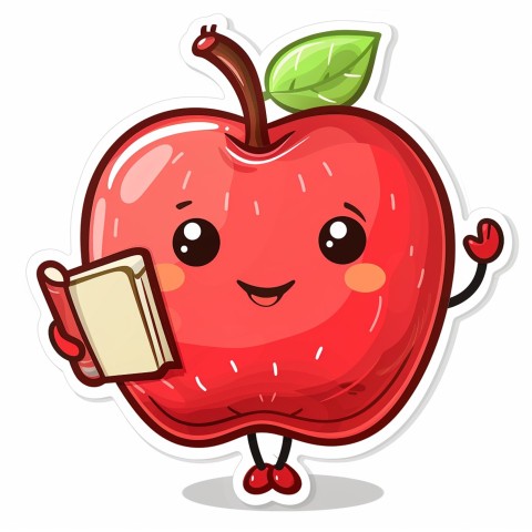 Cute Kawaii Stickers Cheerful Red Apple with Book on White Background (85)