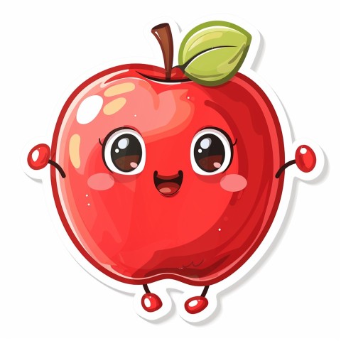 Cute Kawaii Stickers Cheerful Red Apple with Book on White Background (98)