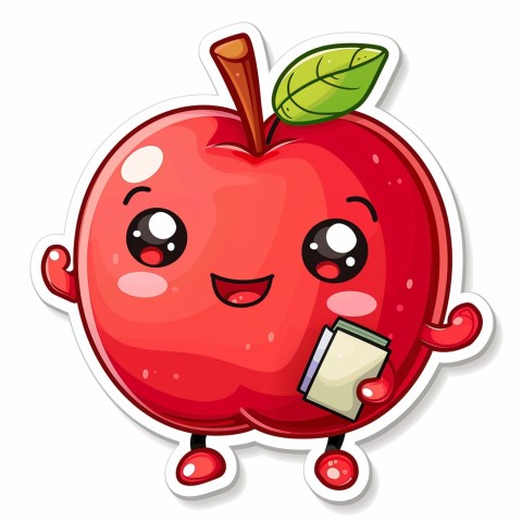 Cute Kawaii Stickers Cheerful Red Apple with Book on White Background (82)