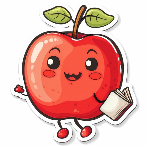 Cute Kawaii Stickers Cheerful Red Apple with Book on White Background (89)