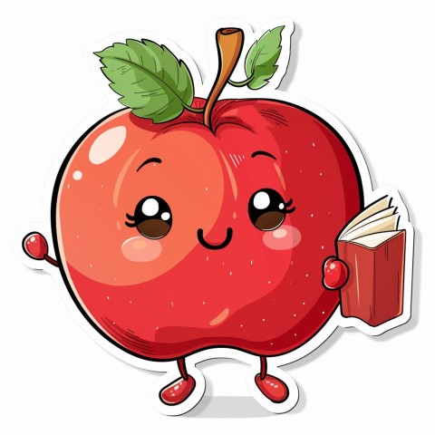 Cute Kawaii Stickers Cheerful Red Apple with Book on White Background (81)