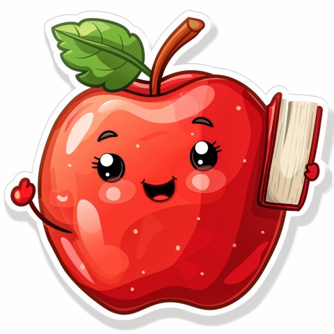 Cute Kawaii Stickers Cheerful Red Apple with Book on White Background (90)