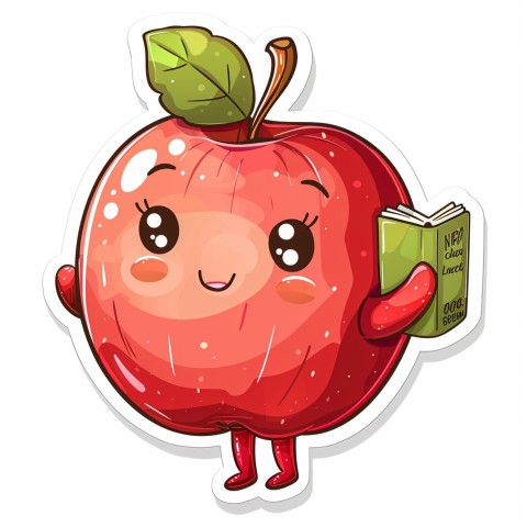 Cute Kawaii Stickers Cheerful Red Apple with Book on White Background (86)