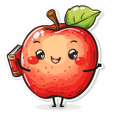 Cute Kawaii Stickers Cheerful Red Apple with Book on White Background (83)