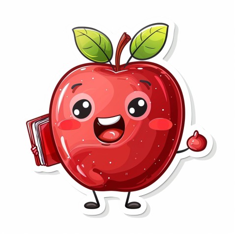 Cute Kawaii Stickers Cheerful Red Apple with Book on White Background (84)