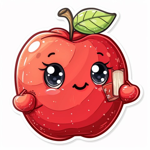 Cute Kawaii Stickers Cheerful Red Apple with Book on White Background (100)