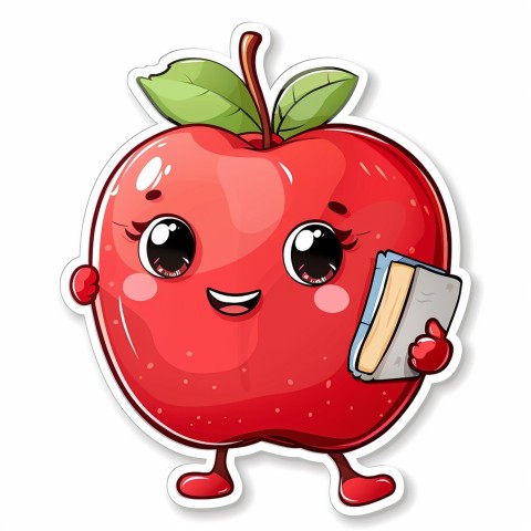 Cute Kawaii Stickers Cheerful Red Apple with Book on White Background (96)