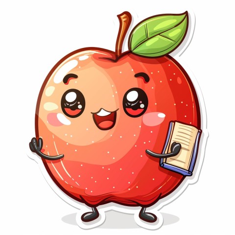 Cute Kawaii Stickers Cheerful Red Apple with Book on White Background (94)