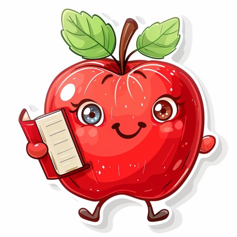 Cute Kawaii Stickers Cheerful Red Apple with Book on White Background (88)