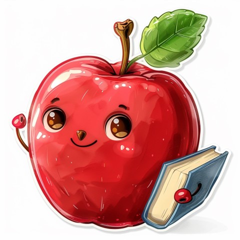 Cute Kawaii Stickers Cheerful Red Apple with Book on White Background (92)