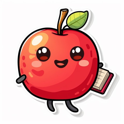 Cute Kawaii Stickers Cheerful Red Apple with Book on White Background (103)