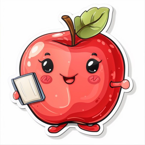 Cute Kawaii Stickers Cheerful Red Apple with Book on White Background (115)