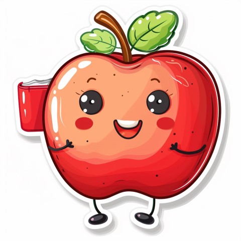 Cute Kawaii Stickers Cheerful Red Apple with Book on White Background (123)