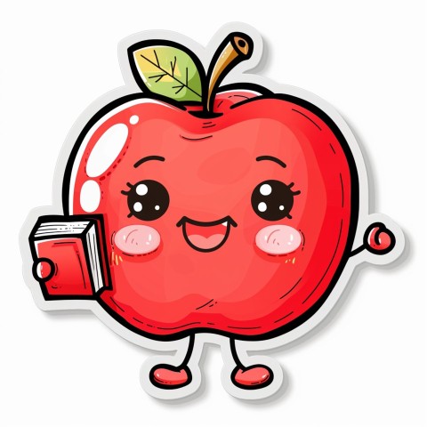 Cute Kawaii Stickers Cheerful Red Apple with Book on White Background (125)