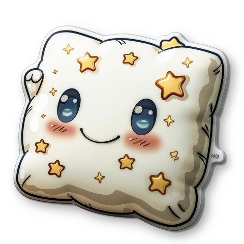 Cute Kawaii Stickers Cozy Pillow with Dreamy Eyes and Tiny Stars on White Background (2)