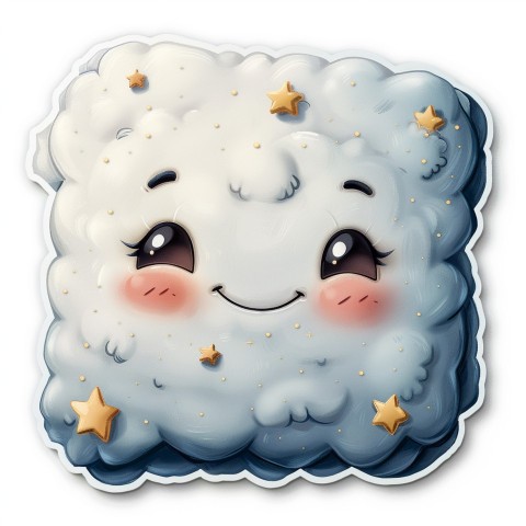 Cute Kawaii Stickers Cozy Pillow with Dreamy Eyes and Tiny Stars on White Background (16)