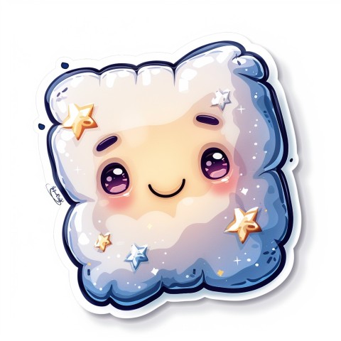 Cute Kawaii Stickers Cozy Pillow with Dreamy Eyes and Tiny Stars on White Background (38)