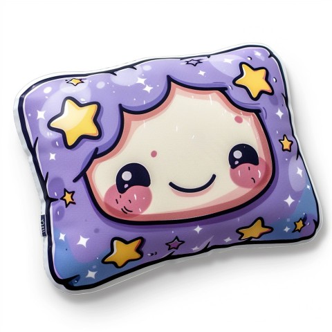 Cute Kawaii Stickers Cozy Pillow with Dreamy Eyes and Tiny Stars on White Background (43)