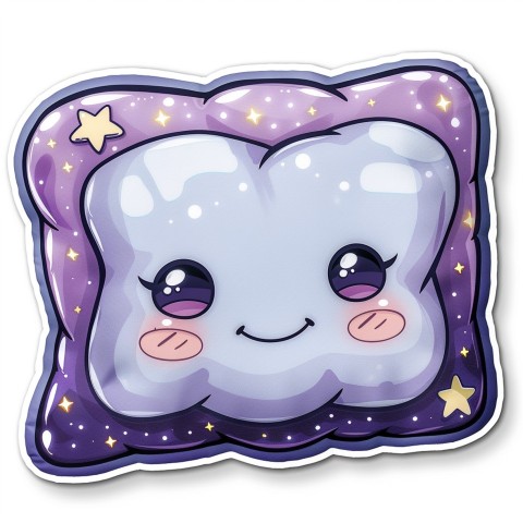 Cute Kawaii Stickers Cozy Pillow with Dreamy Eyes and Tiny Stars on White Background (50)