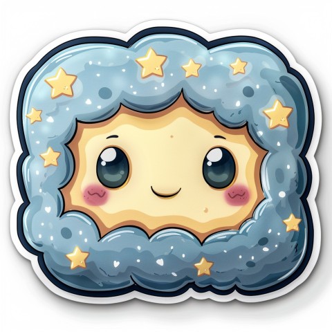 Cute Kawaii Stickers Cozy Pillow with Dreamy Eyes and Tiny Stars on White Background (77)