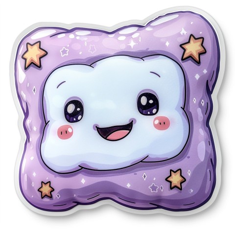 Cute Kawaii Stickers Cozy Pillow with Dreamy Eyes and Tiny Stars on White Background (66)