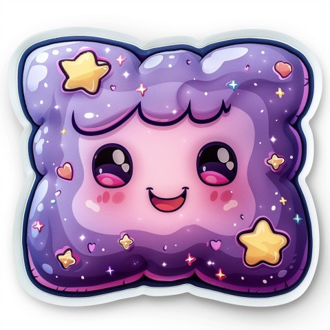 Cute Kawaii Stickers Cozy Pillow with Dreamy Eyes and Tiny Stars on White Background (75)