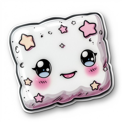 Cute Kawaii Stickers Cozy Pillow with Dreamy Eyes and Tiny Stars on White Background (81)