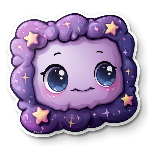 Cute Kawaii Stickers Cozy Pillow with Dreamy Eyes and Tiny Stars on White Background (85)