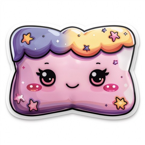 Cute Kawaii Stickers Cozy Pillow with Dreamy Eyes and Tiny Stars on White Background (114)