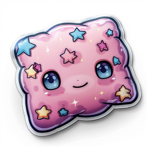 Cute Kawaii Stickers Cozy Pillow with Dreamy Eyes and Tiny Stars on White Background (101)