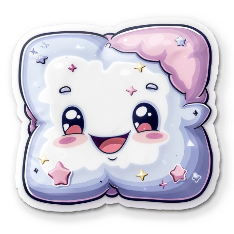 Cute Kawaii Stickers Cozy Pillow with Dreamy Eyes and Tiny Stars on White Background (103)