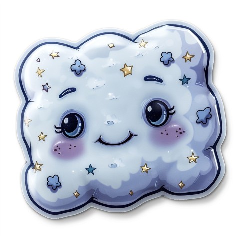 Cute Kawaii Stickers Cozy Pillow with Dreamy Eyes and Tiny Stars on White Background (111)