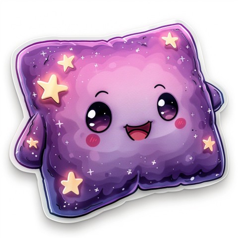 Cute Kawaii Stickers Cozy Pillow with Dreamy Eyes and Tiny Stars on White Background (106)