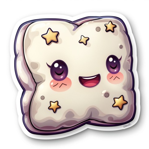 Cute Kawaii Stickers Cozy Pillow with Dreamy Eyes and Tiny Stars on White Background (130)