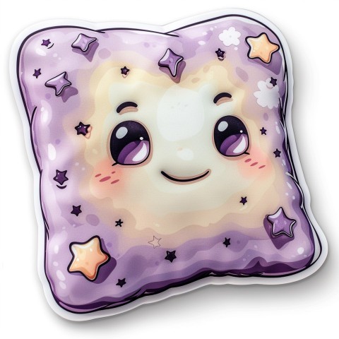 Cute Kawaii Stickers Cozy Pillow with Dreamy Eyes and Tiny Stars on White Background (125)